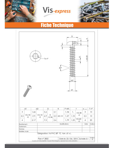 1 x Vis pvc Tête cylindrique TC TORX T10 3.5X10...