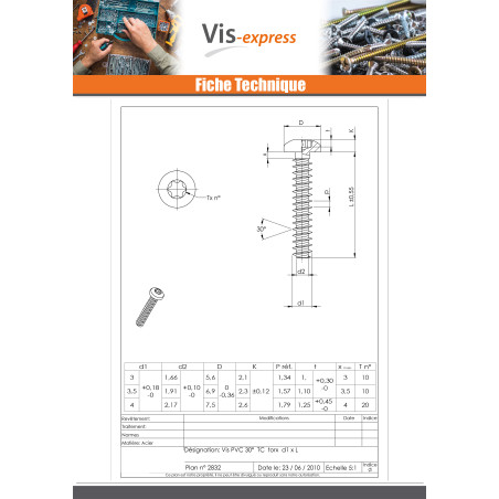 1 x Vis pvc Tête cylindrique TC T7 2.5X12 Acier zingué microvis