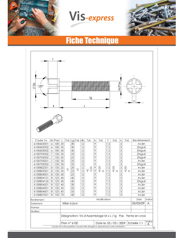 1 x Vis assemblage lit Acier zingué M7X35 Pas...