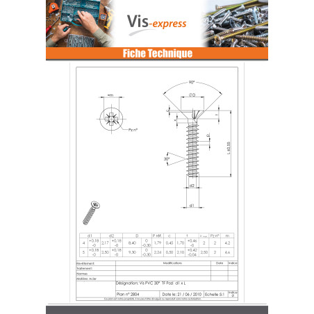 1 x Vis pvc Tête fraisée Pozi 3.5X20 Acier zingué