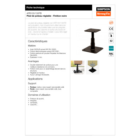 1 x Pied de poteau réglable SIMPSON Strong Tie 130X130 RAL9005 noir foncé