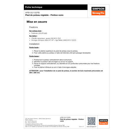 1 x Pied de poteau réglable SIMPSON Strong Tie 130X130 RAL9005 noir foncé