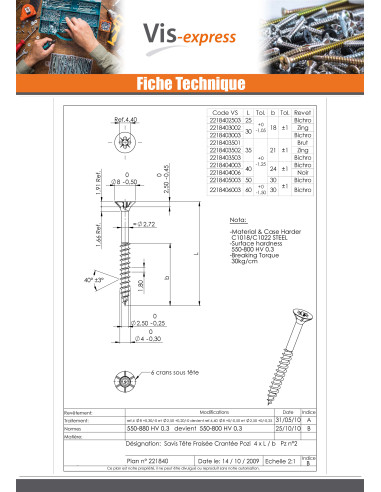 1 x VBA Vis bois agglo Tête fraisée Pozi 4X25...