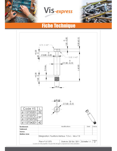 1 x Tourillons Métaux Acier zingué 7.5X37 M6-7.5