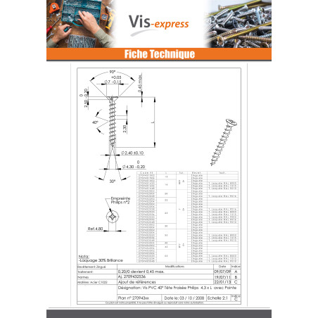 1 x Vis pvc Tête fraisée bombée TFB Phillips 4.3X15 Autoperceuse Acier zingué
