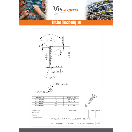 1 x Vis pvc Inox A2 Tête fraisée bombée TFB Phillips 4.2X25 Laqué blanc RAL9010 blanc pur