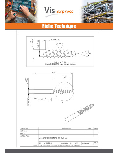 1 x Tirefond Sans tête 10X130 Filetée sur 50...