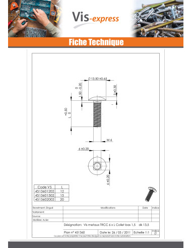1 x TRCC JAPY tête ronde collet carré M6X30...