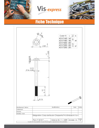 1 x Corps de boulon filetage partiel Charpente...