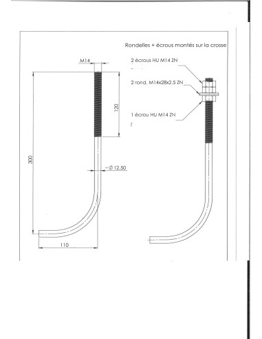 1 x Crosse ancrage M14X300 +3 Ecrou +2 Rondelle...