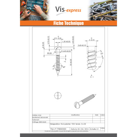 1 x Vis Planter Tête cylindrique TC Fendue 5X35 Filetée sur 27 Bichromaté
