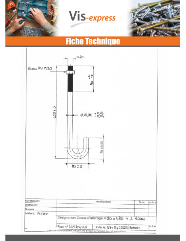 1 x Crosse ancrage M20X420 + 1 Ecrou Acier brut
