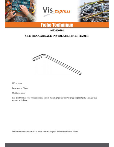 1 x Clé Hexagonale Inviolable Clé de 5 HC5 Vis 8