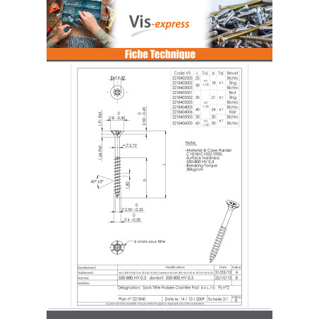 1 x VBA Vis bois agglo Tête fraisée Pozi 4X35 Filetée sur 21 Cranté Acier zingué