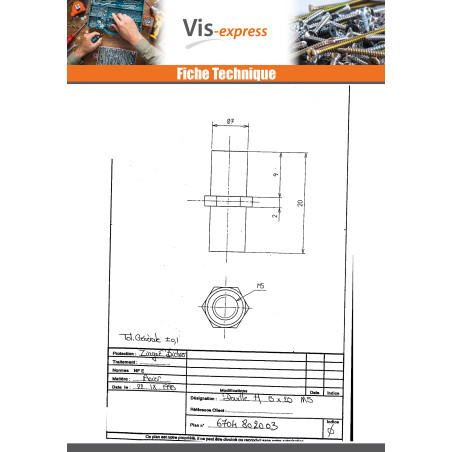 1 x Douille Hexagonal Bichromaté 8X20 M5 Sur plat 8