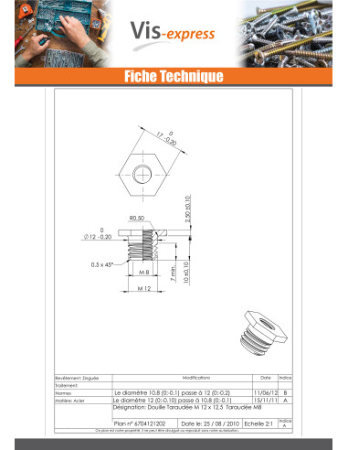 1 x Douille Taraudée M12X12.5 Intérieur M8...