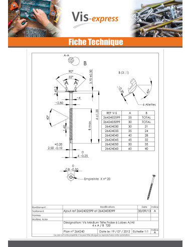 1 x Vis Médium Tête fraisée Cranté TORX T20...