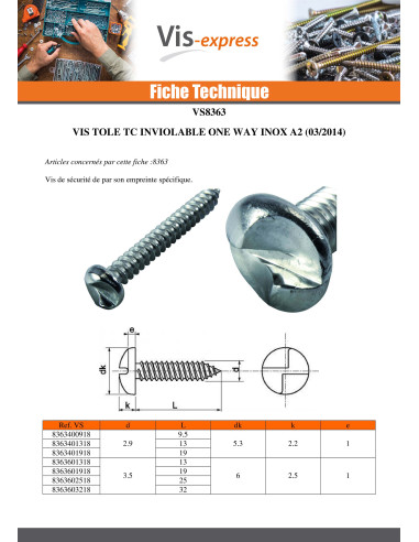 1 x Vis tôle Inviolable Tête cylindrique TC One...