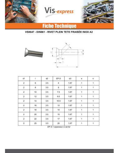 1 x Rivet à frapper Tête fraisée Inox A2 4X8