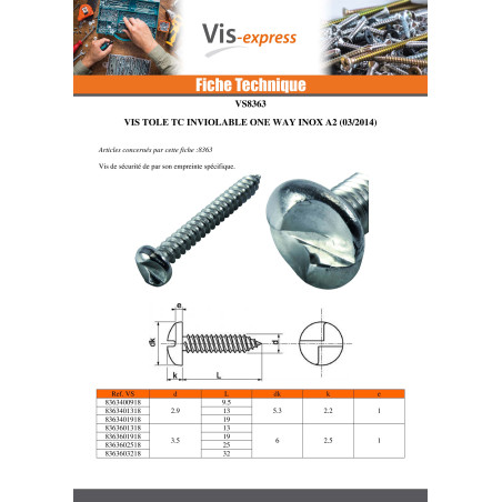 1 x Vis tôle Inviolable Tête cylindrique TC One way 3.5X32 Inox A2