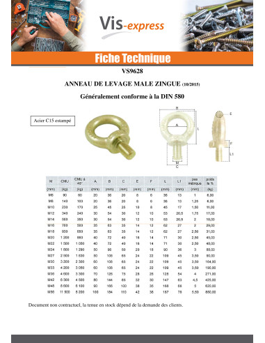1 x Anneau de levage MALE M16 Acier zingué