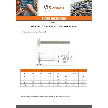 1 x Vis métaux Tête bombée Embase collerette TORX T10 M3X30 Filetage total Inox A2 microvis