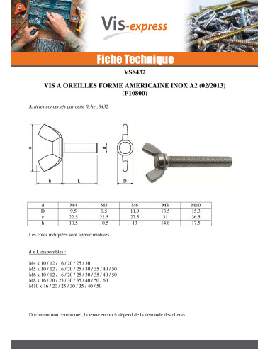 1 x Vis Oreilles M8X40 Forme amEricaine Inox A2