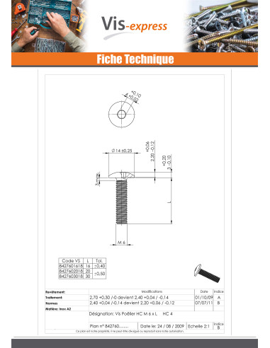 1 x Vis métaux Poelier Clé de 4 HC4 M6X20 Inox