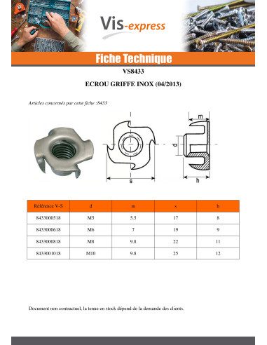 1 x Ecrou griffe Inox A2 M8