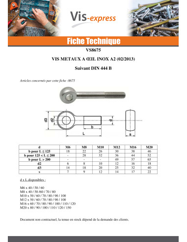 1 x Vis métaux à Oeil M12X60 Oeil 12 Inox A2