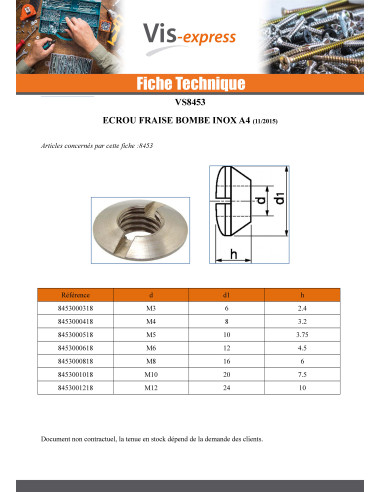 1 x Ecrou fraisé bombé M10 Inox A4