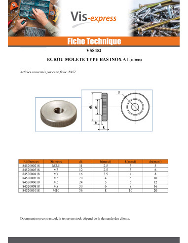 1 x Ecrou MOLETES Type bas M5 Inox A1
