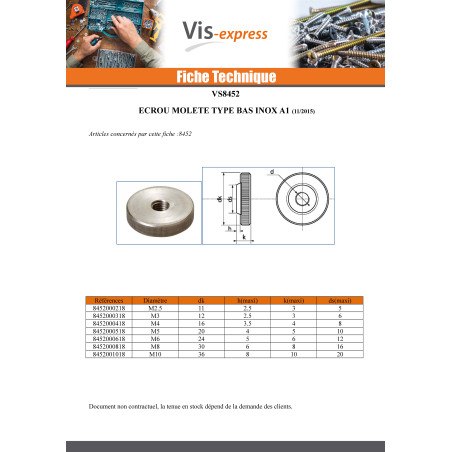 1 x Ecrou MOLETES Type bas M5 Inox A1