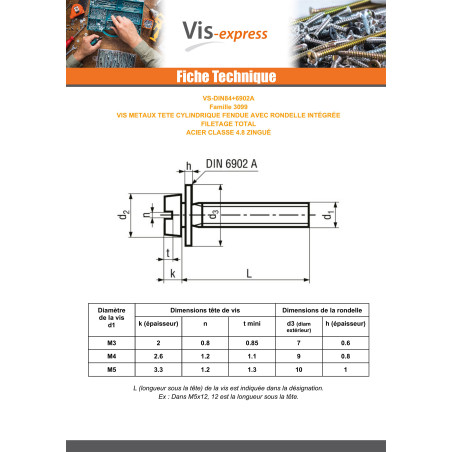 1 x Vis métaux Tête cylindrique TC Fendue Filetage total M5X16 Classe 4.8 Avec RD IMP Acier zingué