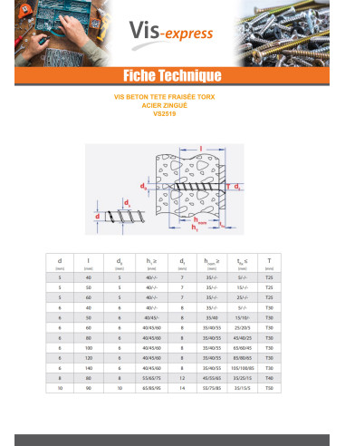 1 x Vis béton Tête fraisée TORX 8X80 Acier zingué