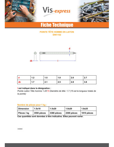 1 x Kg de pointes Laiton Tête homme 1.5X20...