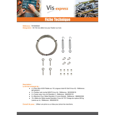 1 x Kit 15 mètres de cable inox diamètre 2