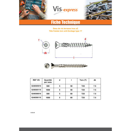 1 x Seau de 1000 Vis terrasse 5X60 Inox A2 Tête fraisée TORX T25 Pointe antifendage type 17