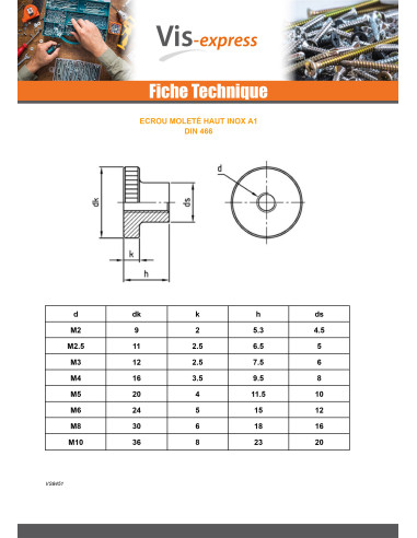 1 x Ecrou MOLETTES Type Haut M2 Inox A1