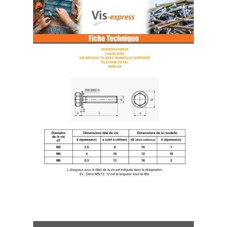 1 x Vis métaux Tête hexagonale TH Filetage total Avec RD IMP M8X40 Inox A2