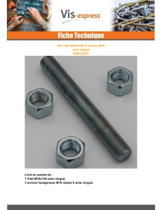 KIT 1 Filet M16X130 Avec 3 Ecrou M16 Acier zingué 2