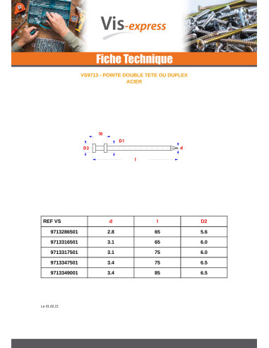 1 x Kg de pointes Double Tête Acier brut 3.4X85