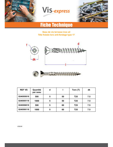 1 x Seau de 400 Vis terrasse 5X60 Inox A2 Tête...