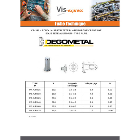 1 x Ecrou à sertir Tête plate TP Borgne M4X16.5 ALPB 25 Aluminium