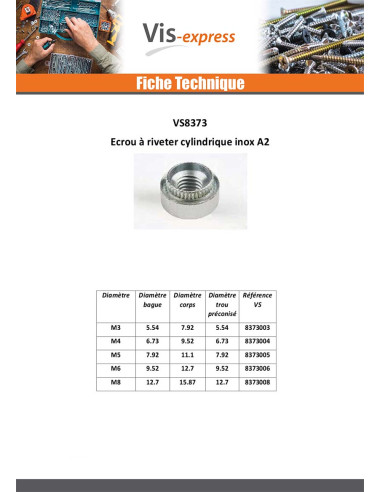 1 x Ecrou à riveter Cylindrique M5 Epaisseur...