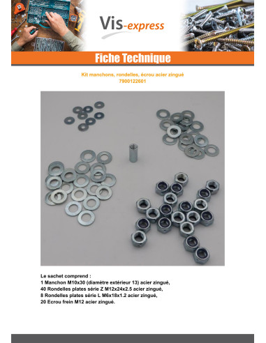 1 x KIT Manchons Ecrous Rondelles Acier zingué