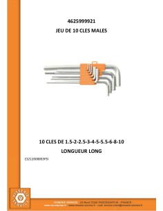 Jeu de 10 CLES MALES Hexagonal creux 1.5 à 10 Longueur Long