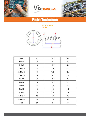 1 x Piton Bois 2.6X16 Oeil 6 Acier zingué
