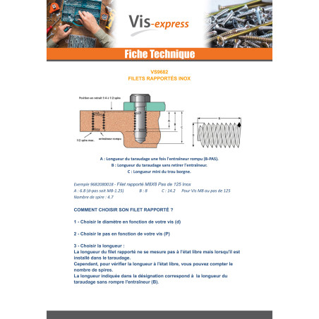 1 x Filet rapporté M9X9 Pas de 125 Inox