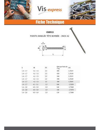 1 x Kg de pointes Inox A2 Tête ronde TR ANNELEE...